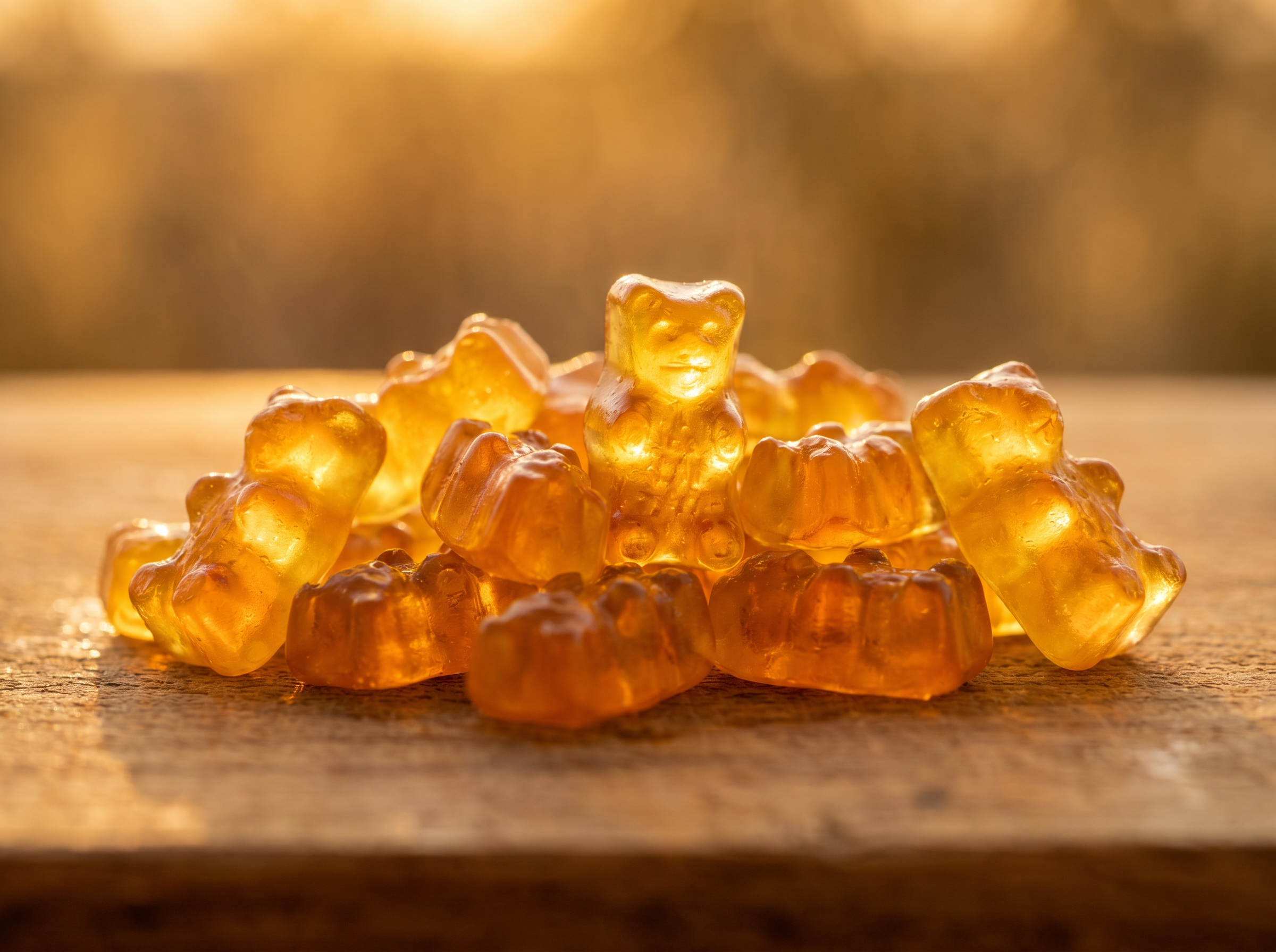 Golden tanning gummies close-up
