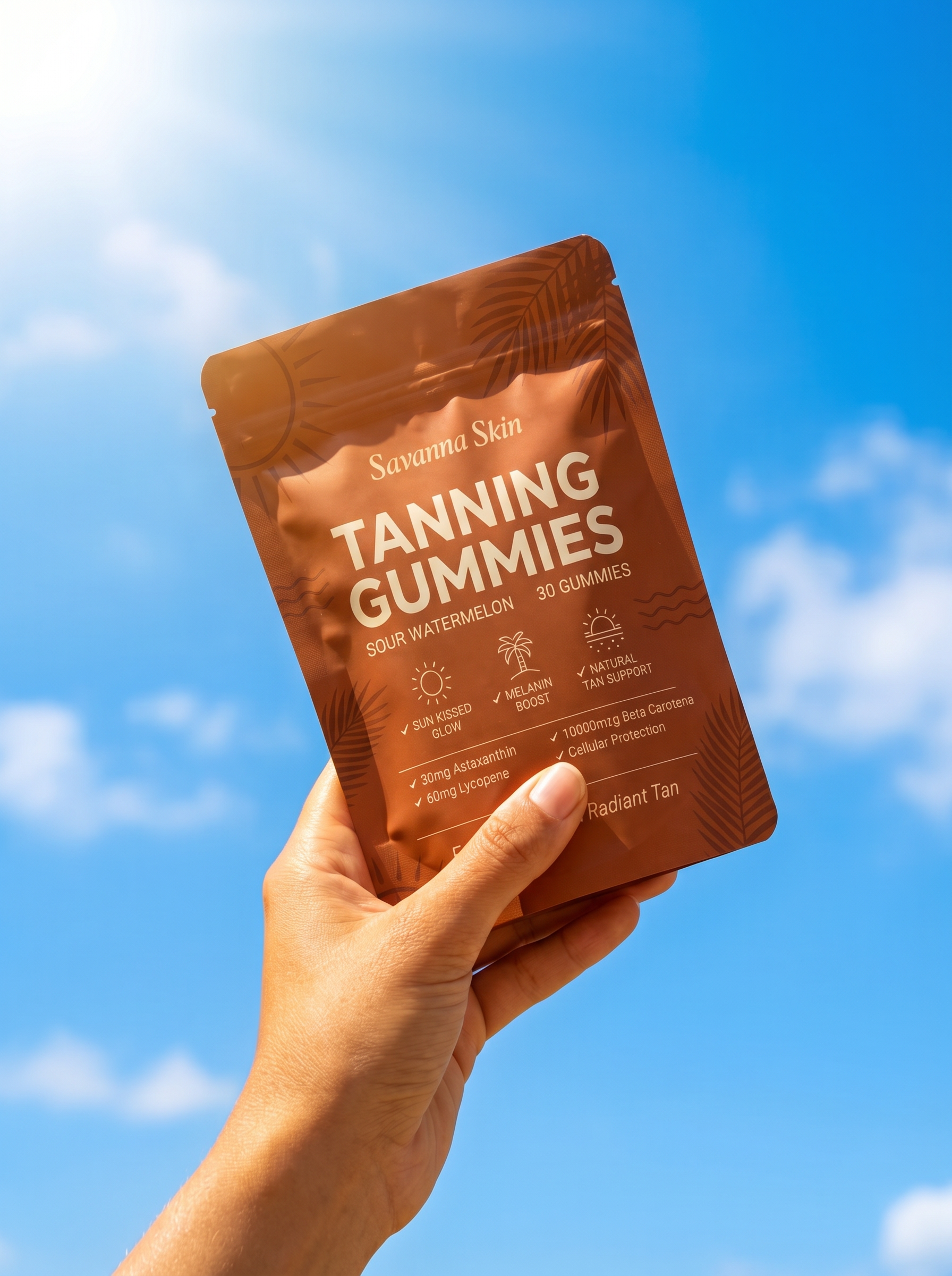 Savanna Skin Tanning Gummies held against blue sky