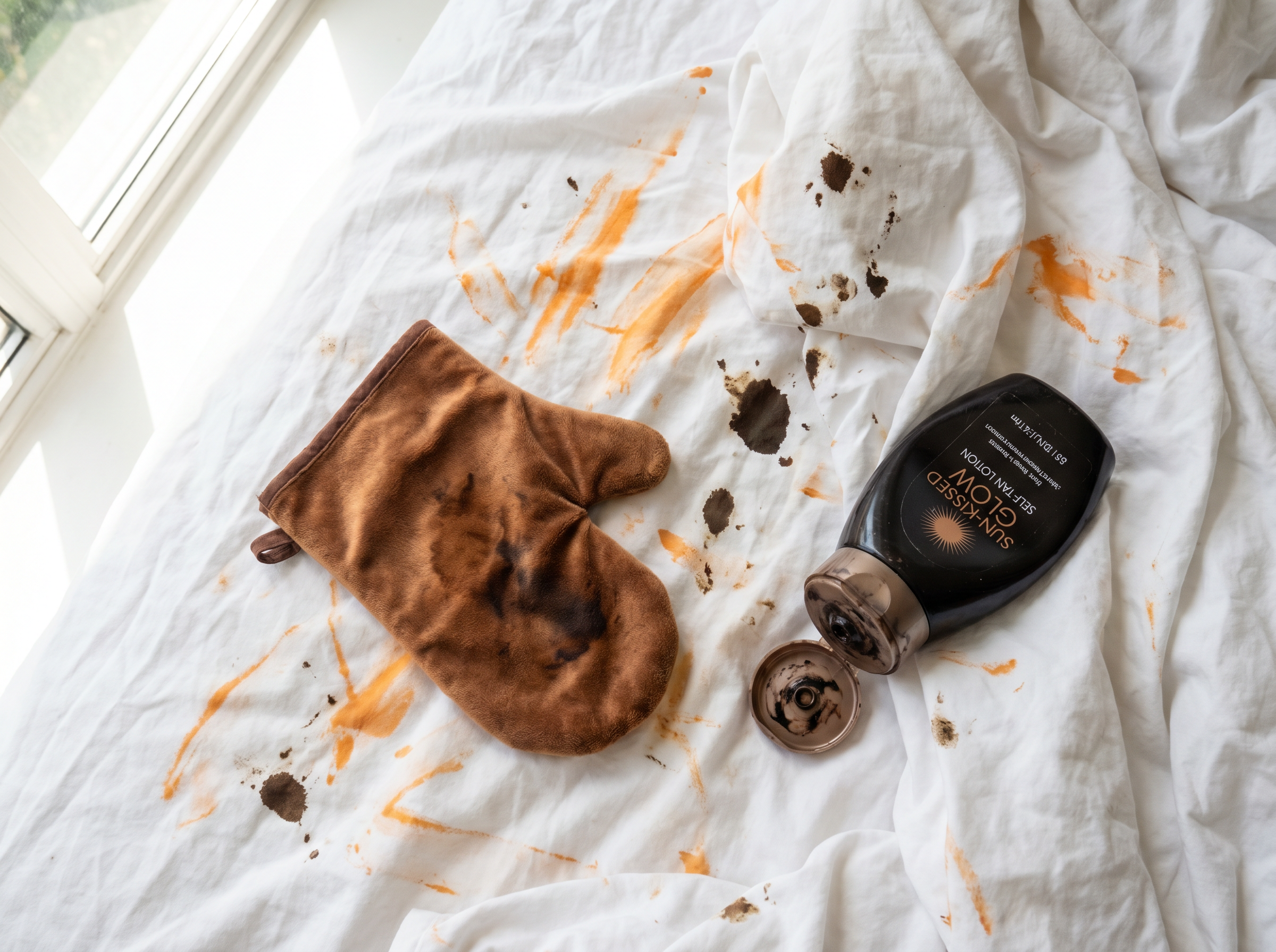 Messy self-tanner on white sheets